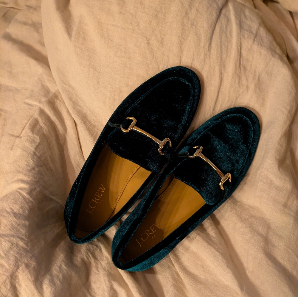 J. Crew Green Velvet Bit Loafers